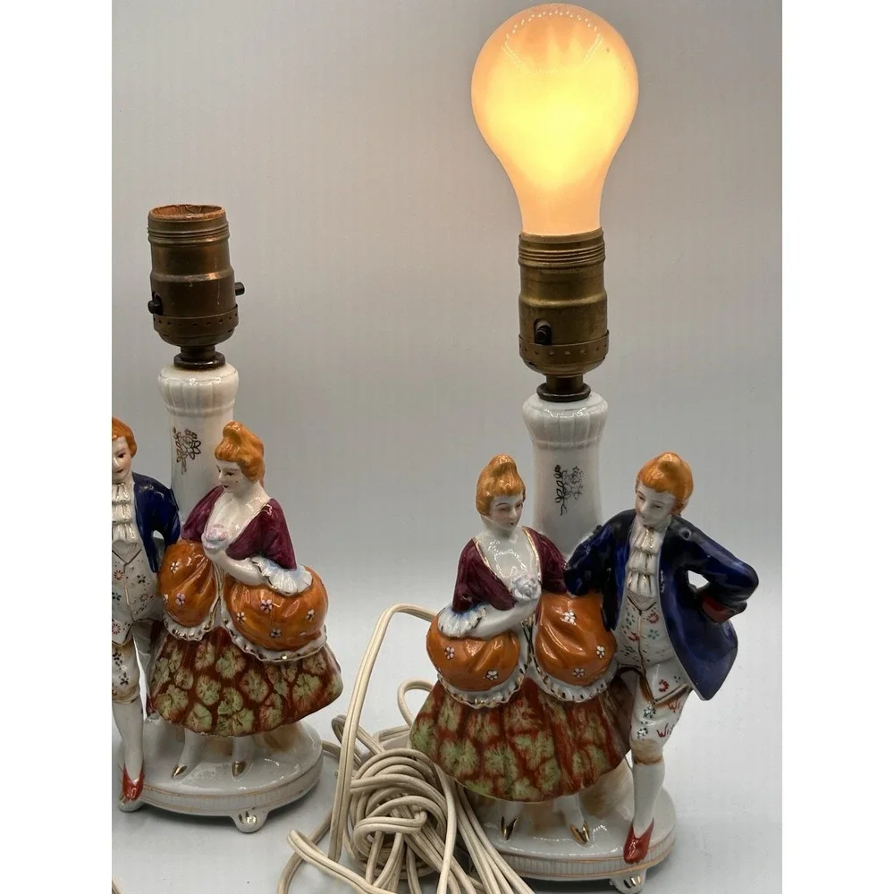 PAIR VINTAGE VICTORIAN‎ COLONIAL COUPLE FUGURINE LAMP HANDPAINTED NIPPON JAPAN